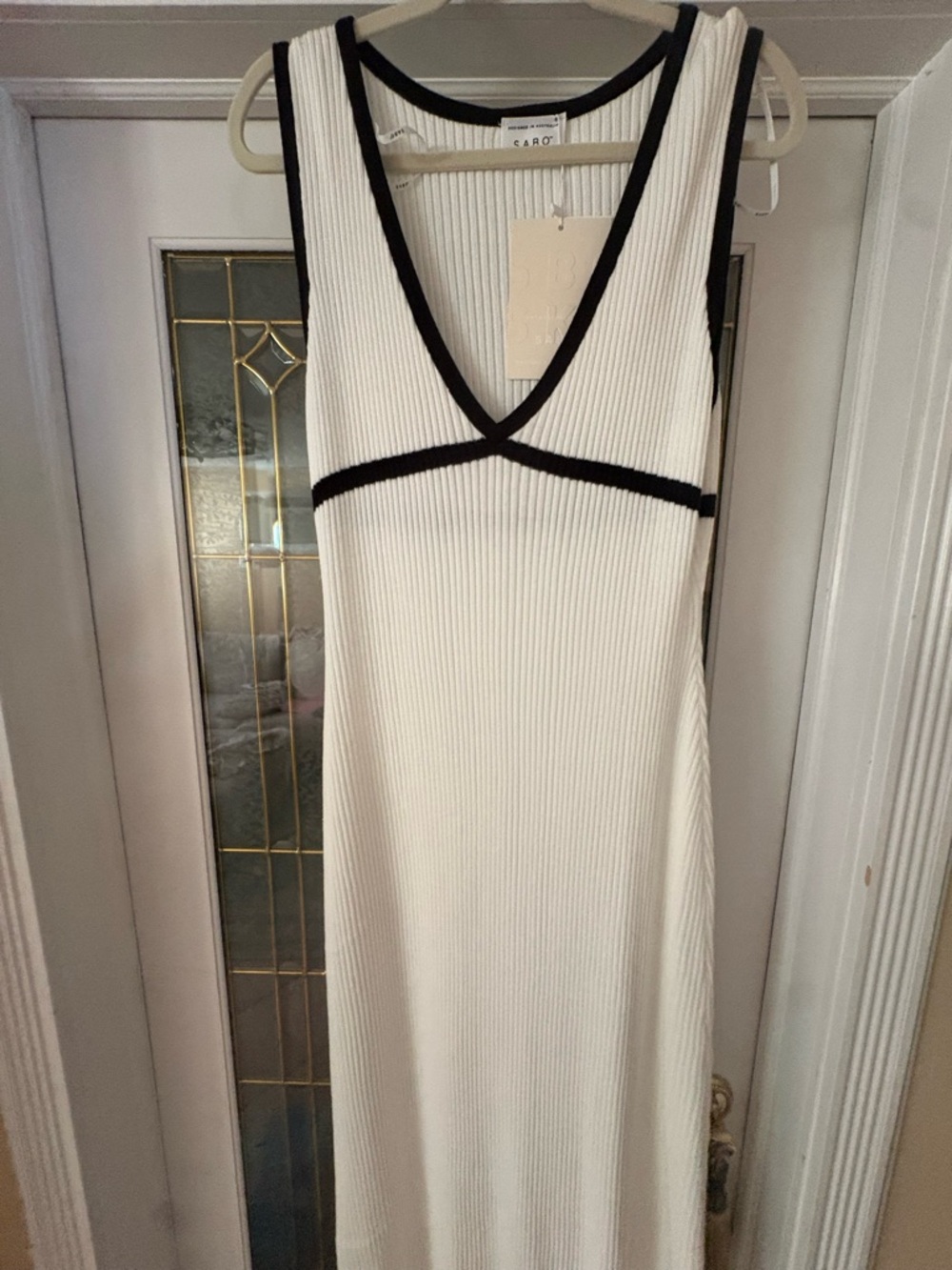 Sabo Skirt White Ribbed V-Neck Maxi Dress with Black Trim
